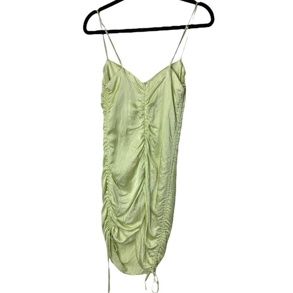 NEW ZARA Blogger Favorite Ruched Gathered Satin Effect Mini Dress in Lime Green - Picture 4 of 7